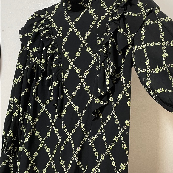 Ganni Crepe Margarita Black Mini Dress with Green Floral Lattice - Picture 10 of 17